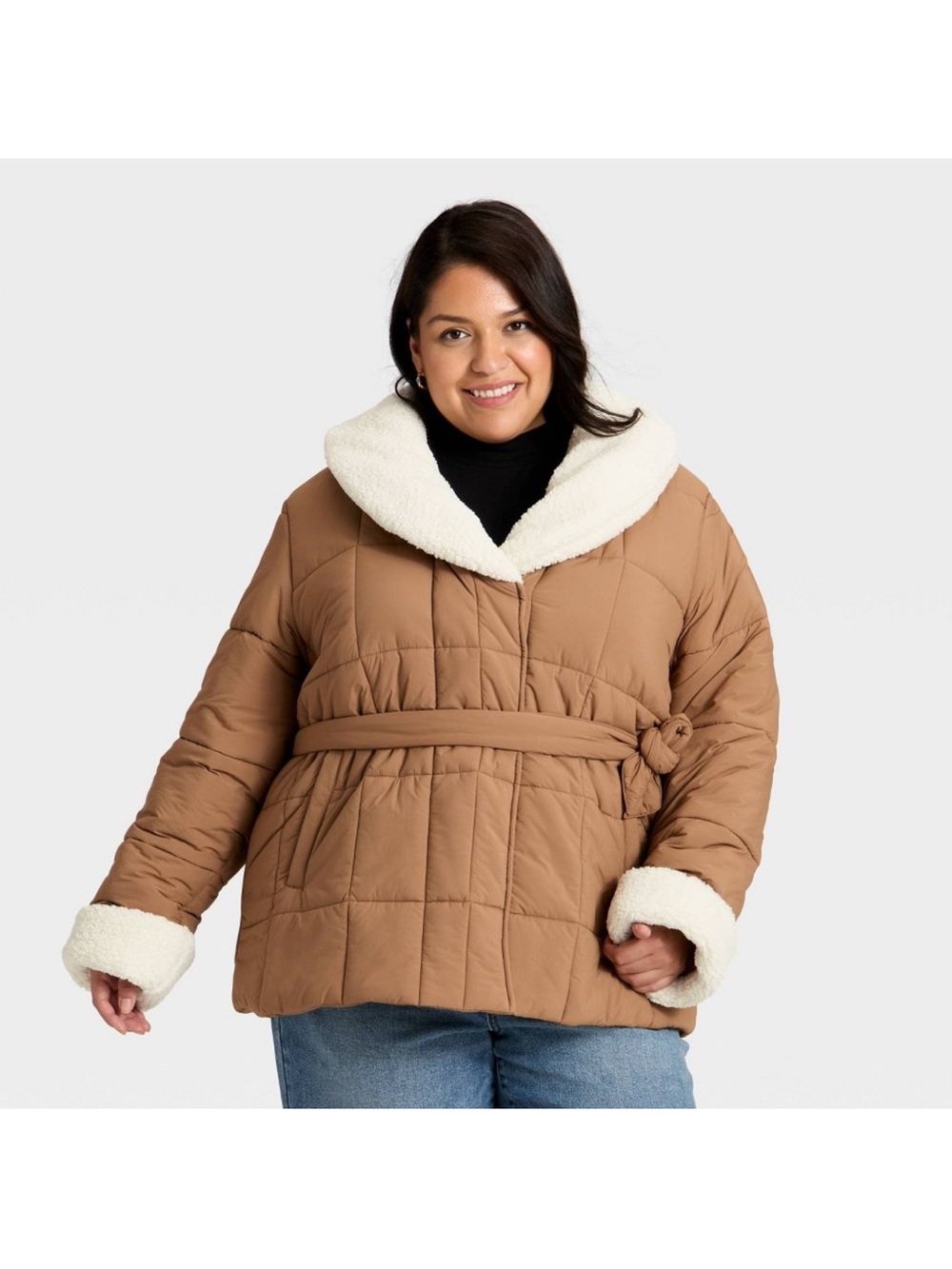 Ava & Viv Camel Quilted Belted Puffer with Cream Sherpa Trim